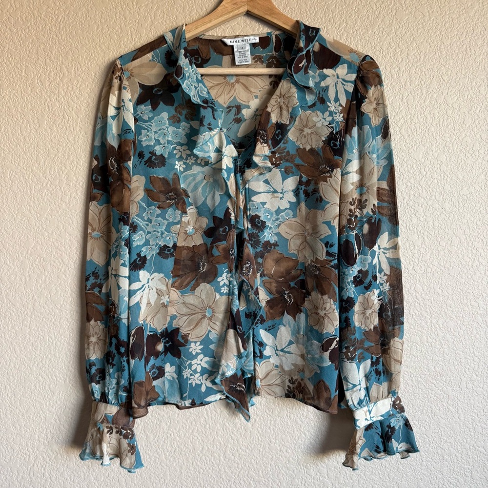 Nine West Teal Brown Floral 100% Silk Ruffle Neck Cuff Sz 4 Y2K Vintage Sheer